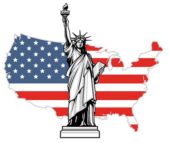 Liberty with usa map in the background in usa flag